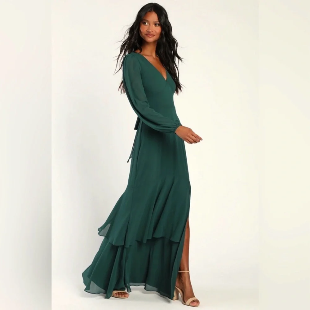 Lulus Tier Elegance NWT size Large Hunter Green Long Sleeve Tiered Maxi Dress - Picture 14 of 14